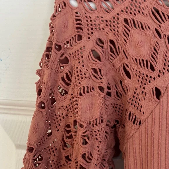 Free People Ribbed Top with Lace Sleeves in Terra Cotta - Picture 3 of 6